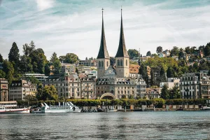 Church of St. Leodegar and Lake Lucerne