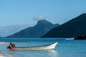 Fishing Boat below Volcanic Peaks, Fiji