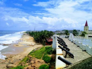 Ramparts of Cape Coast Castle above the Beach