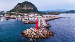 Red Lighthouse below Sanbangsan, Jeju