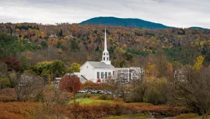 Stowe Community Church in Autumn, Vermont
