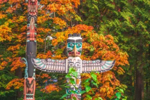 Totem Pole among Autumn Leaves, Vancouver