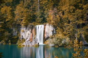 Waterfall at Plitvice Lakes in Autumn